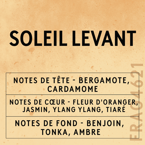 Carte de parfum du parfum de Candle Shack Soleil Levant avec des notes olfactives